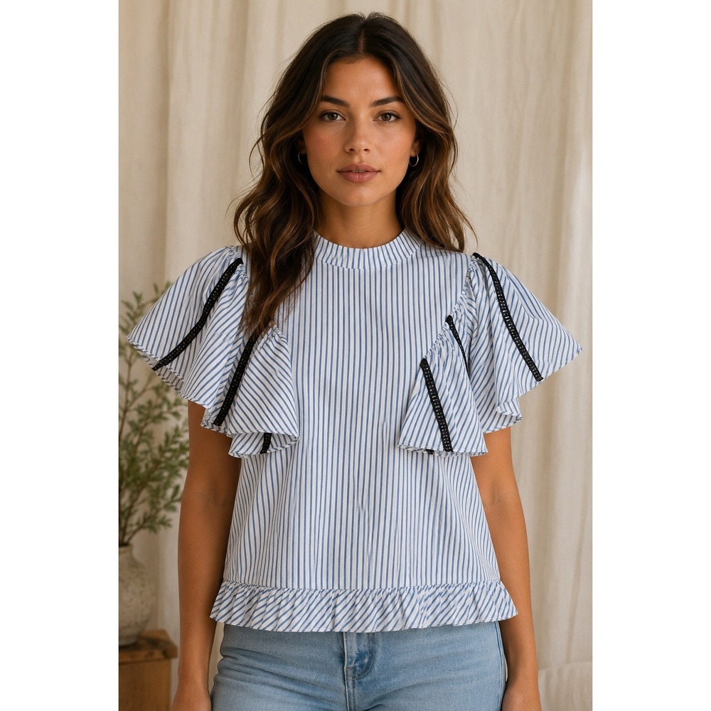 Caroline Constas Coastal Chic Hamptons Top Ruffle Sleeve Cotton Designer Size M